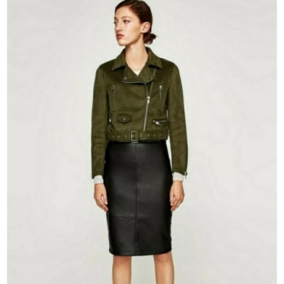 ZARA Outwear Olive Green Faux Suede Belted Moto Biker Jacket Women's Size XS - Picture 11 of 11